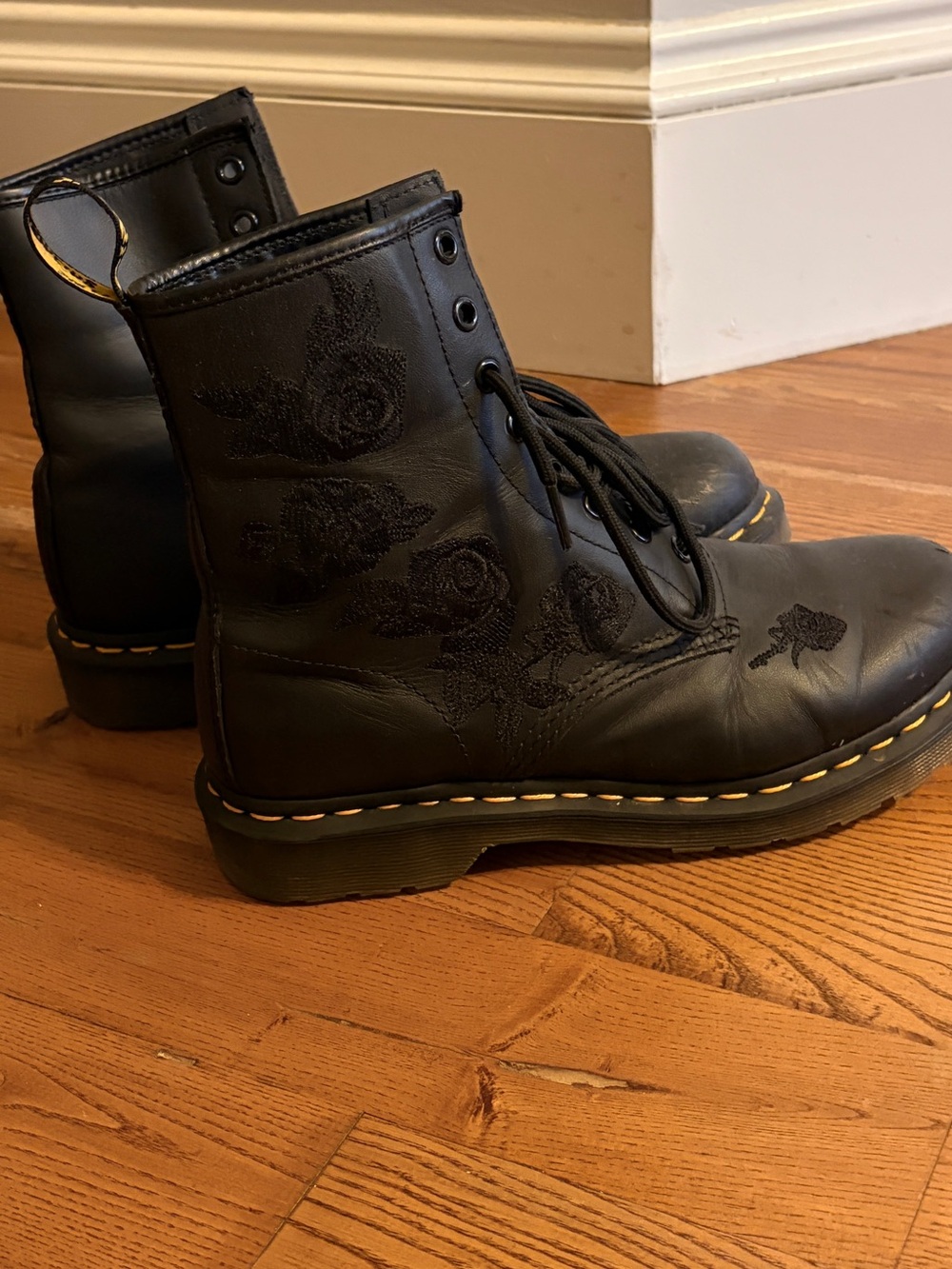 Dr. Martens Black Leather Lace-Up Boots with Embroidered Floral Detail